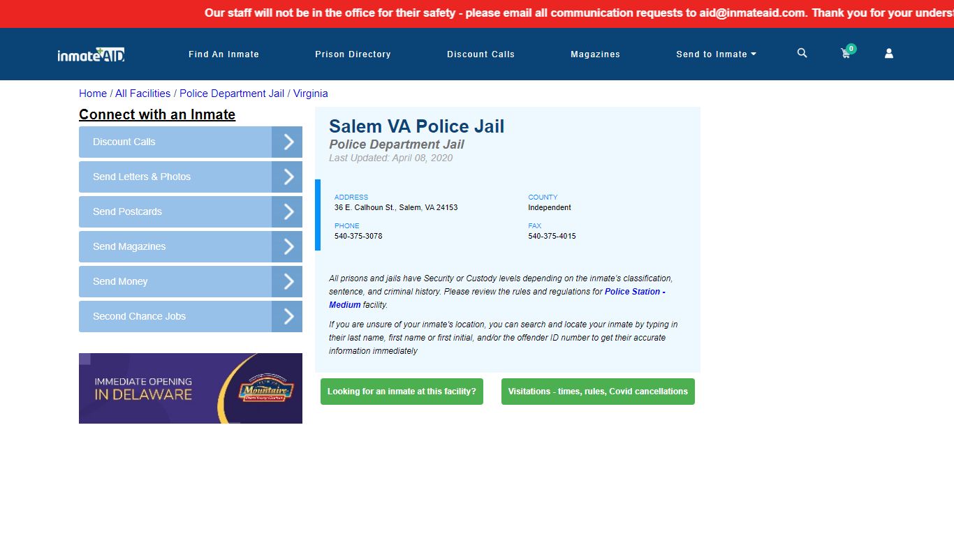 Salem VA Police Jail & Inmate Search - Salem, VA